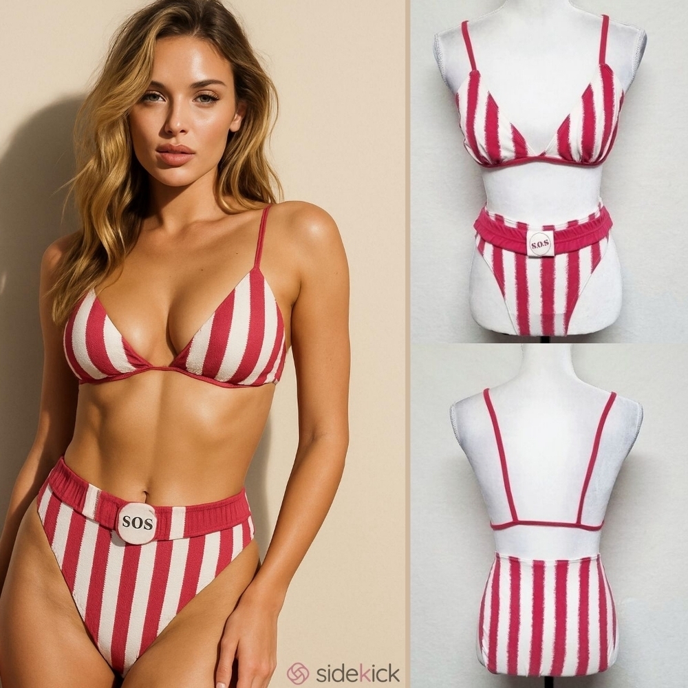 Rare Vintage Gitano SOS Red Striped High Waist Brazilian Triangle Bikini Set L